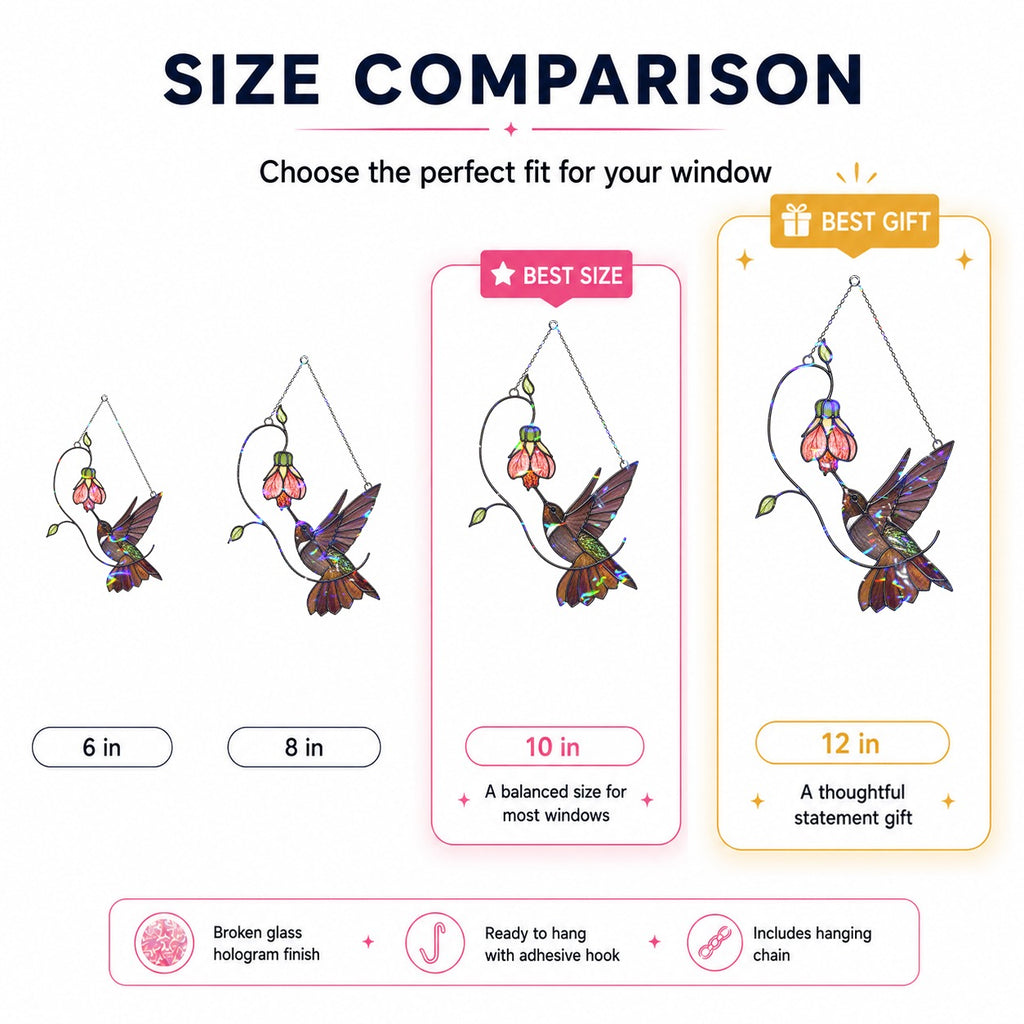 Hummingbird & Pink Bell Flower Vine Holographic Acrylic Suncatcher