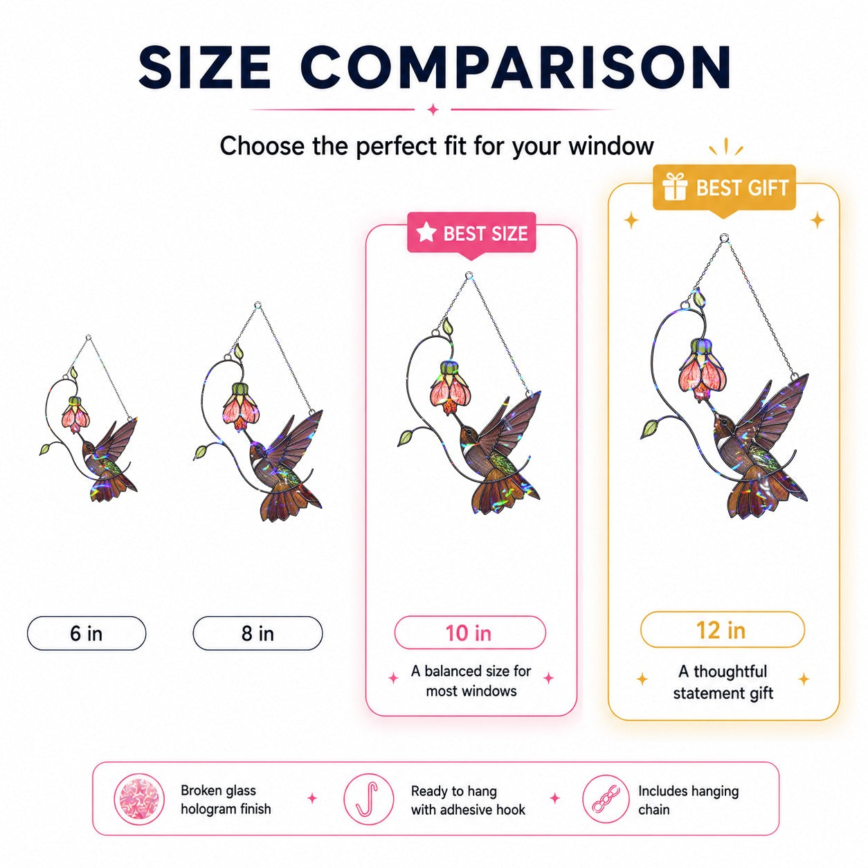 Hummingbird & Pink Bell Flower Vine Holographic Acrylic Suncatcher