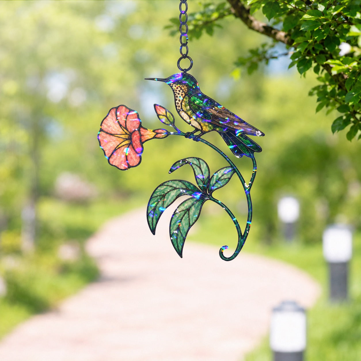 Stained glass style suncatcher with a hummingbird on a coral morning glory vine, hanging in a sunlit window with rainbow light