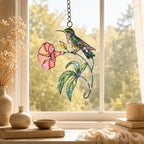 Hummingbird & Coral Morning Glory Holographic Acrylic Suncatcher