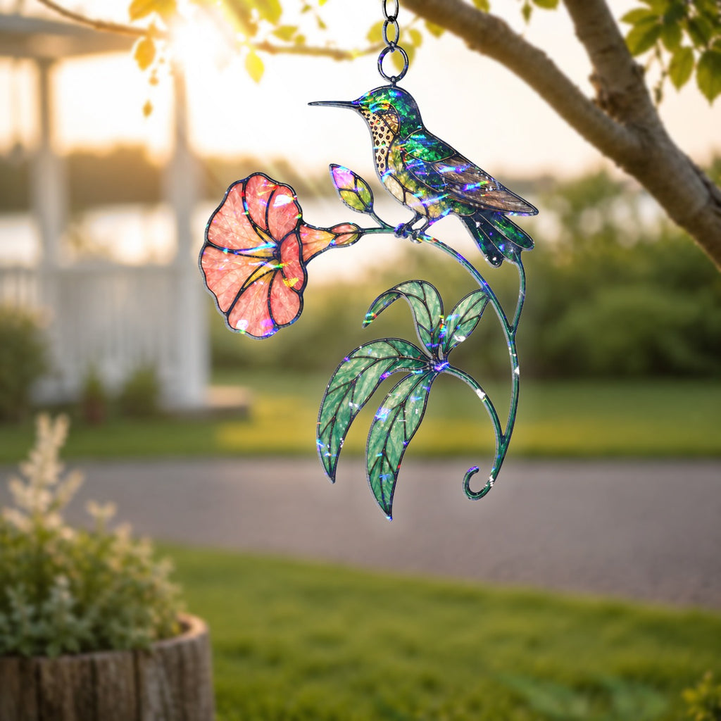 Hummingbird & Coral Morning Glory Holographic Acrylic Suncatcher