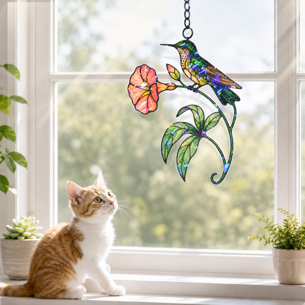 Hummingbird & Coral Morning Glory Holographic Acrylic Suncatcher