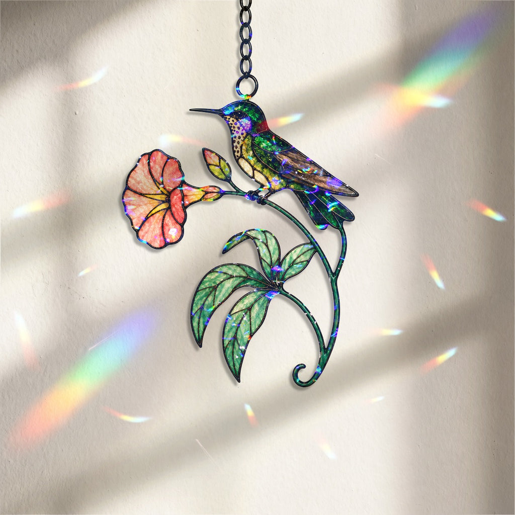 Hummingbird & Coral Morning Glory Holographic Acrylic Suncatcher