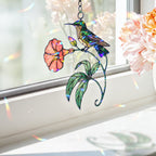 Hummingbird & Coral Morning Glory Holographic Acrylic Suncatcher