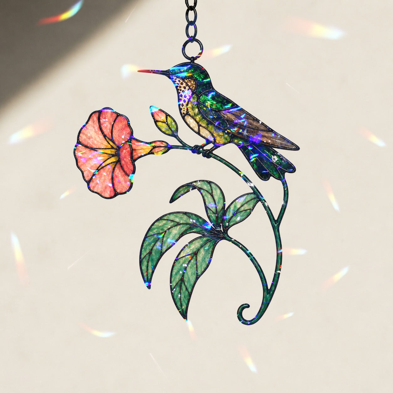 Hummingbird & Coral Morning Glory Holographic Acrylic Suncatcher