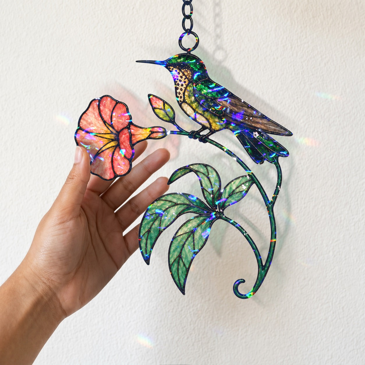 Hummingbird & Coral Morning Glory Holographic Acrylic Suncatcher