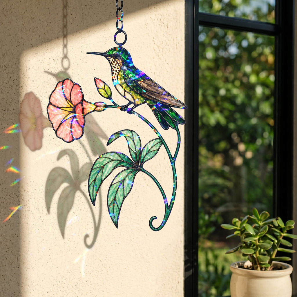 Hummingbird & Coral Morning Glory Holographic Acrylic Suncatcher
