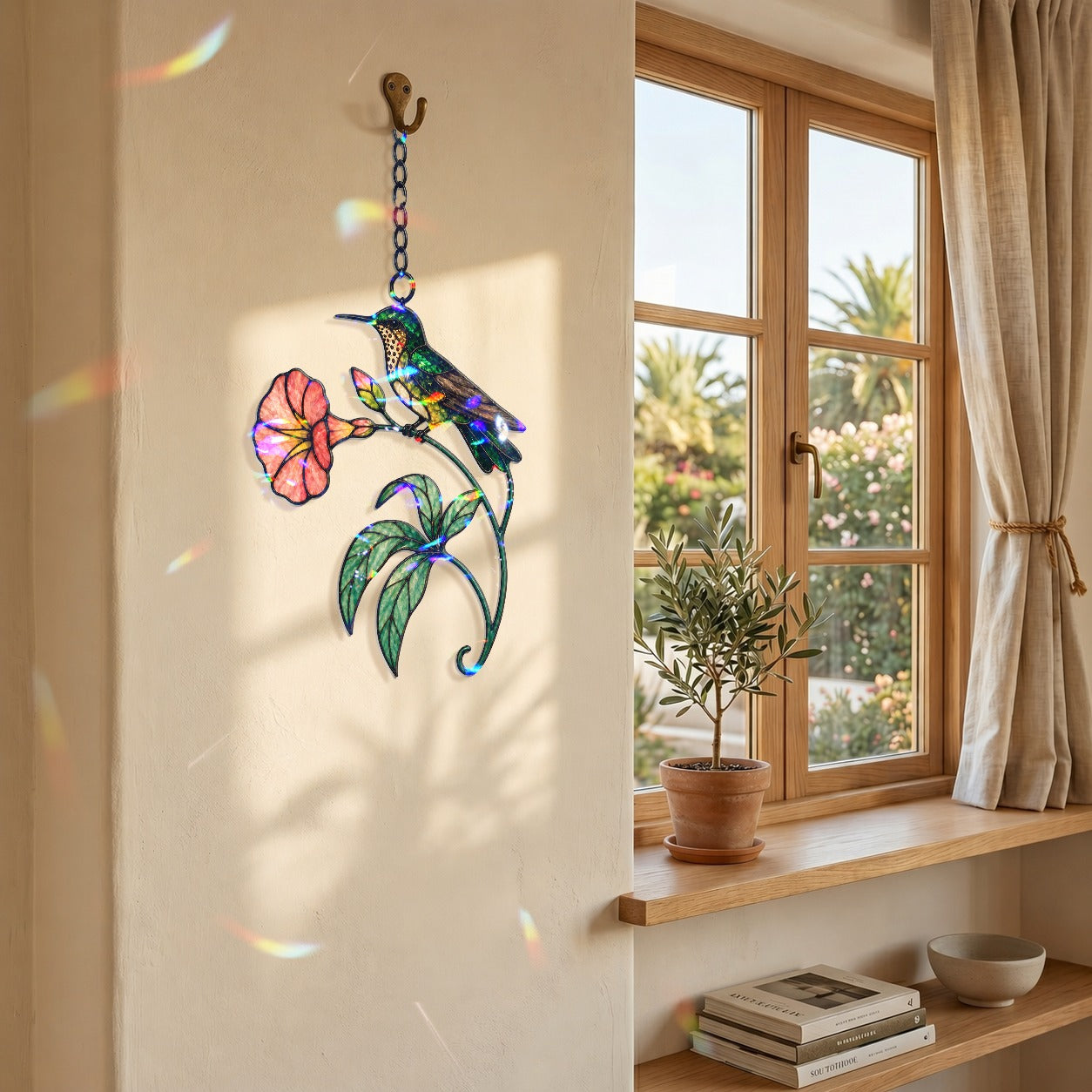 Hummingbird & Coral Morning Glory Holographic Acrylic Suncatcher