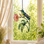 Hummingbird & Coral Morning Glory Holographic Acrylic Suncatcher