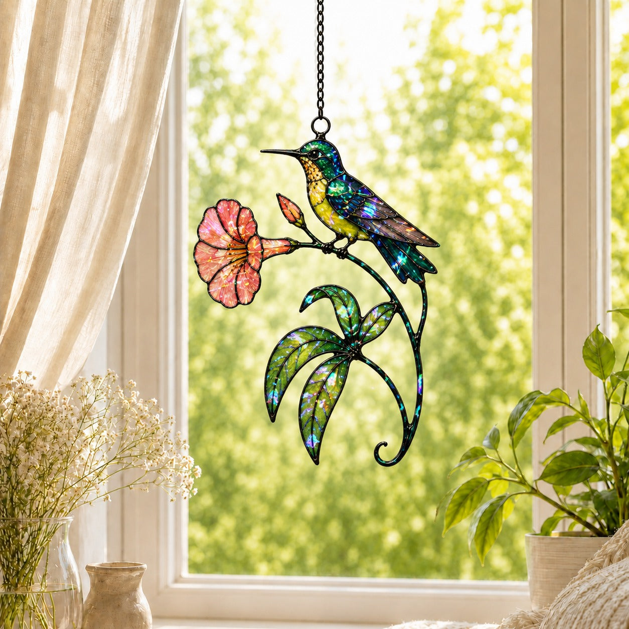 Hummingbird & Coral Morning Glory Holographic Acrylic Suncatcher