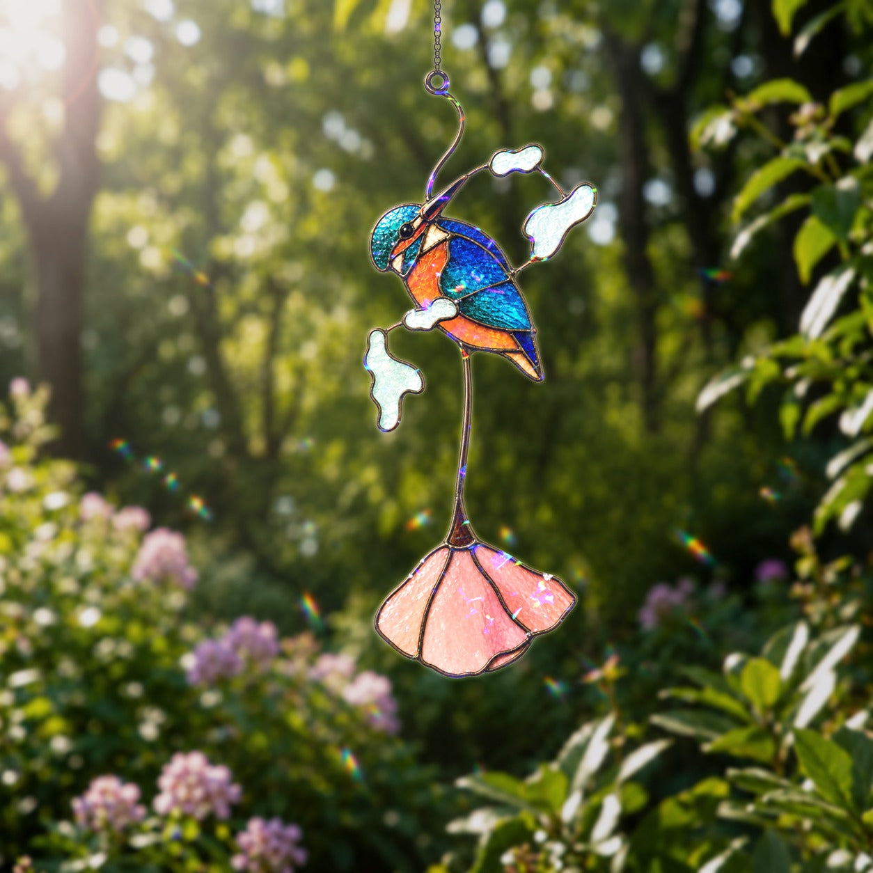 Stained glass style suncatcher with a kingfisher above a pink lotus flower, hanging in a sunlit window with rainbow light