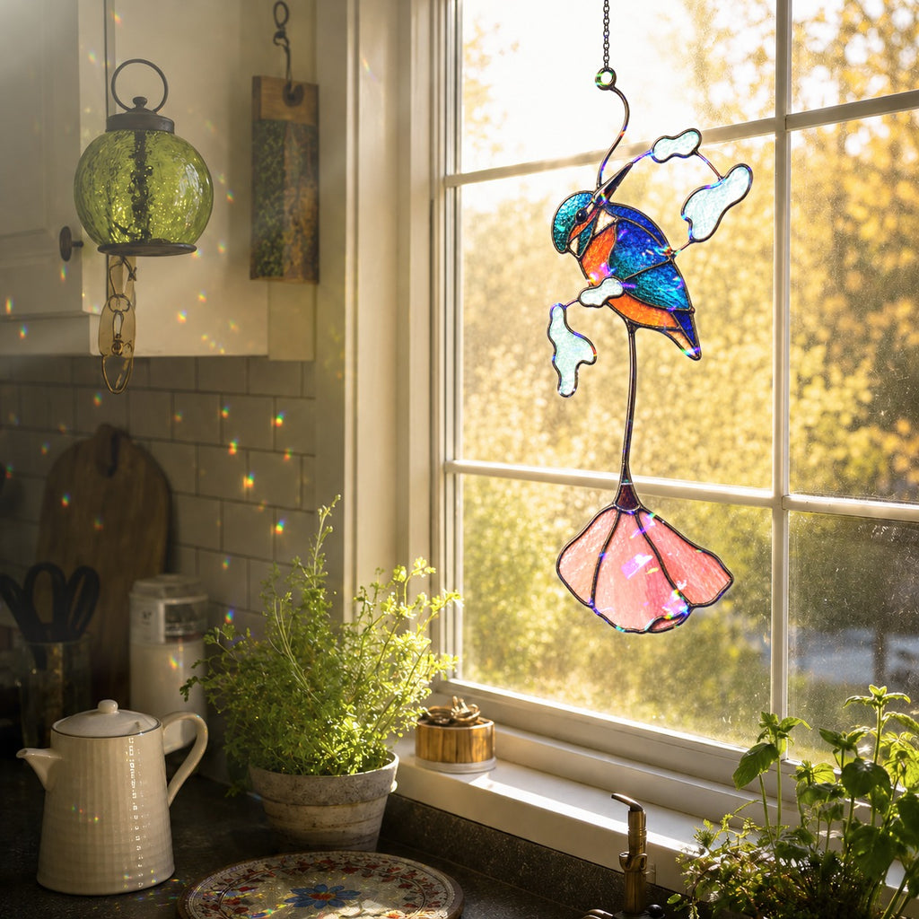 Kingfisher & Pink Lotus Holographic Acrylic Suncatcher