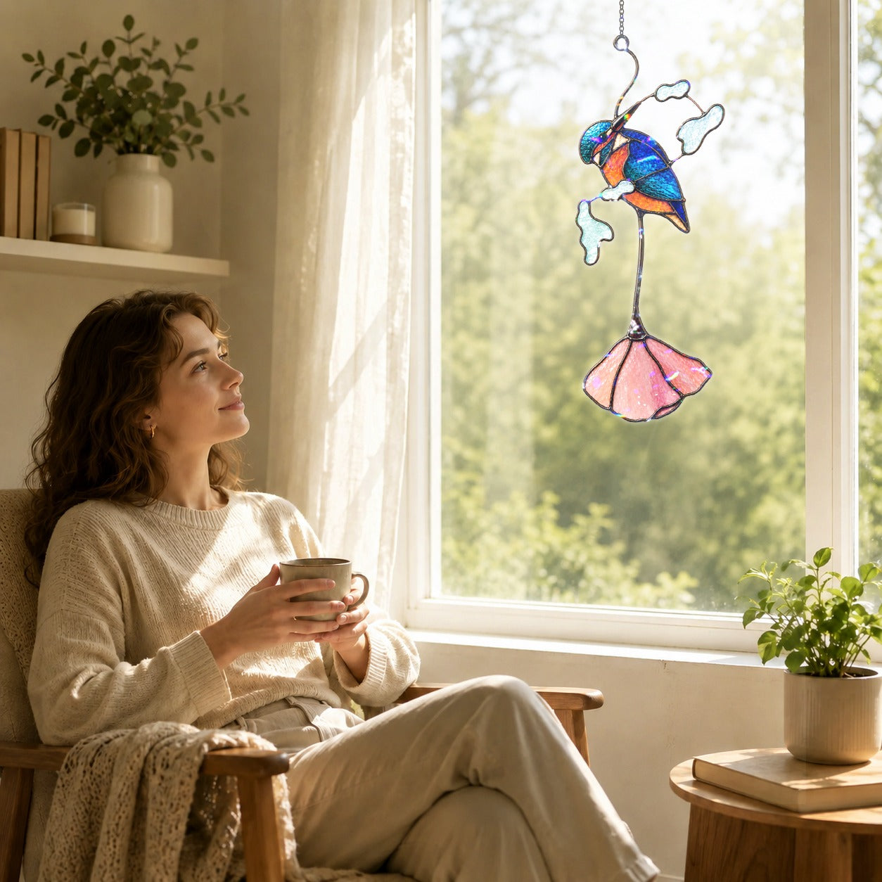 Kingfisher & Pink Lotus Holographic Acrylic Suncatcher