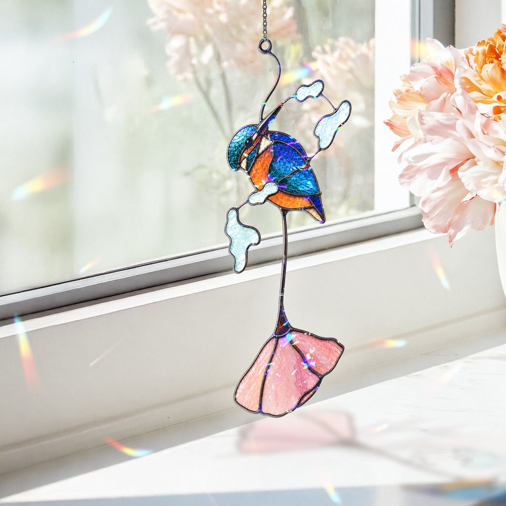 Kingfisher & Pink Lotus Holographic Acrylic Suncatcher