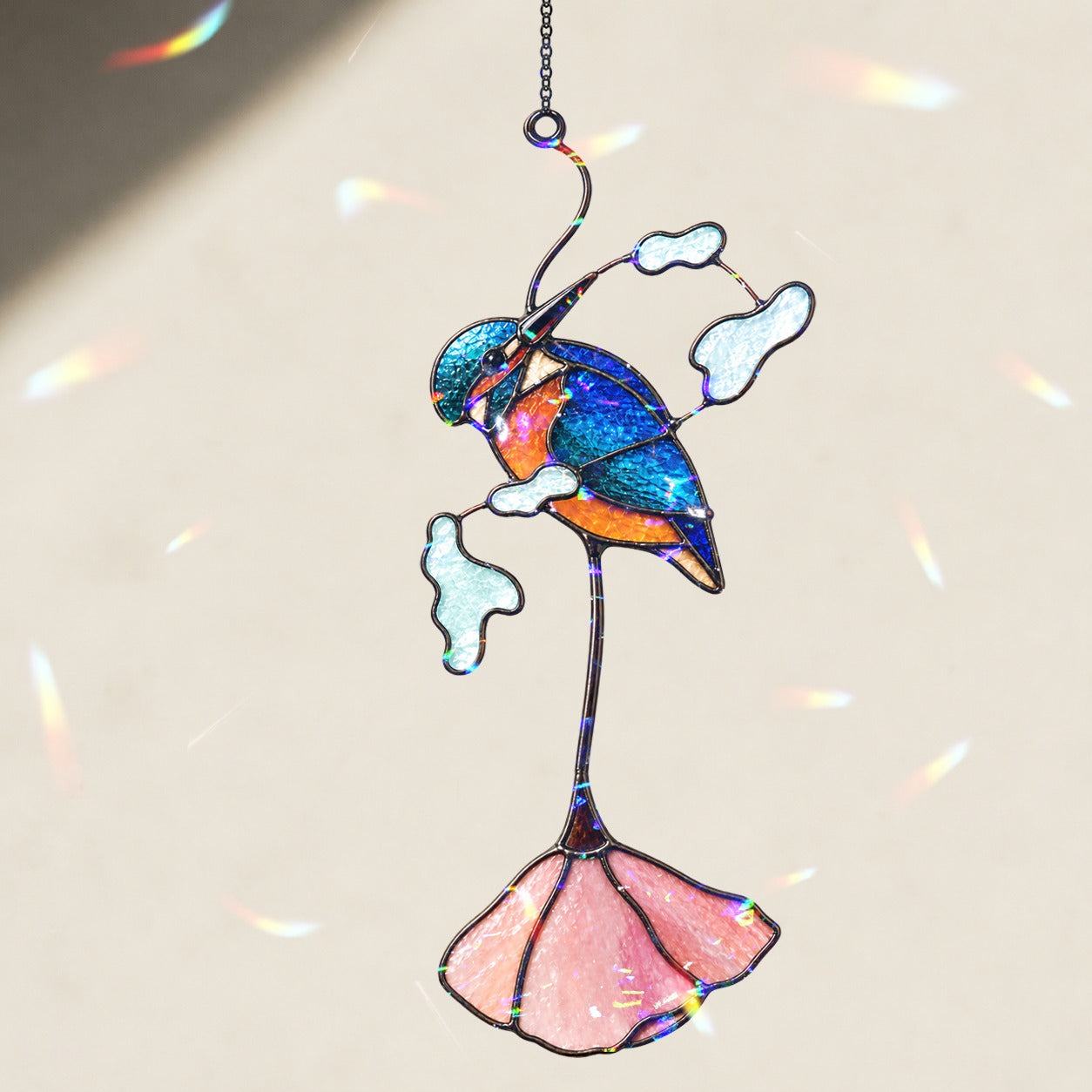 Kingfisher & Pink Lotus Holographic Acrylic Suncatcher