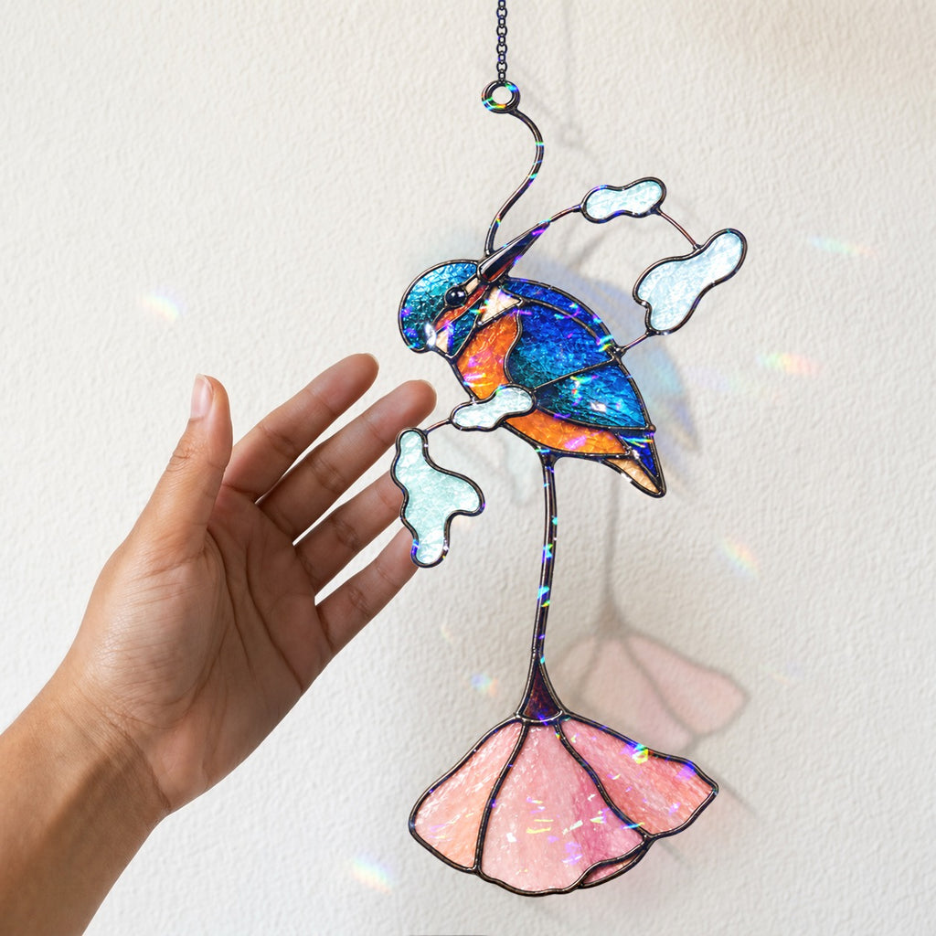 Kingfisher & Pink Lotus Holographic Acrylic Suncatcher