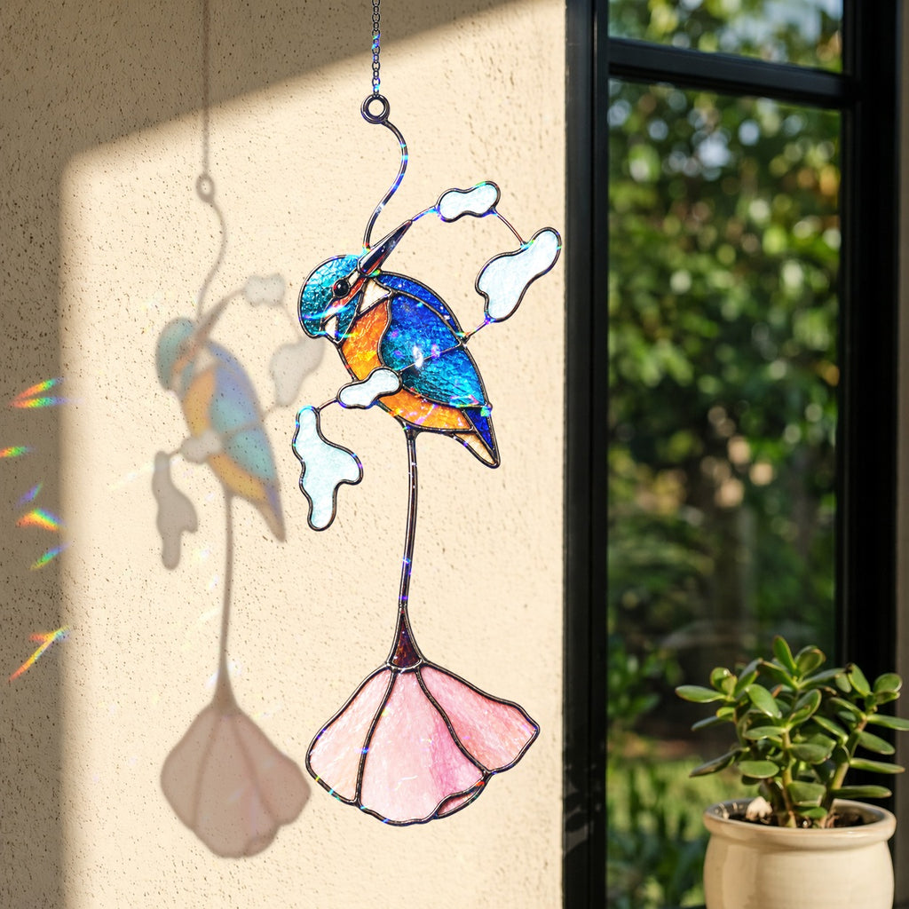 Kingfisher & Pink Lotus Holographic Acrylic Suncatcher