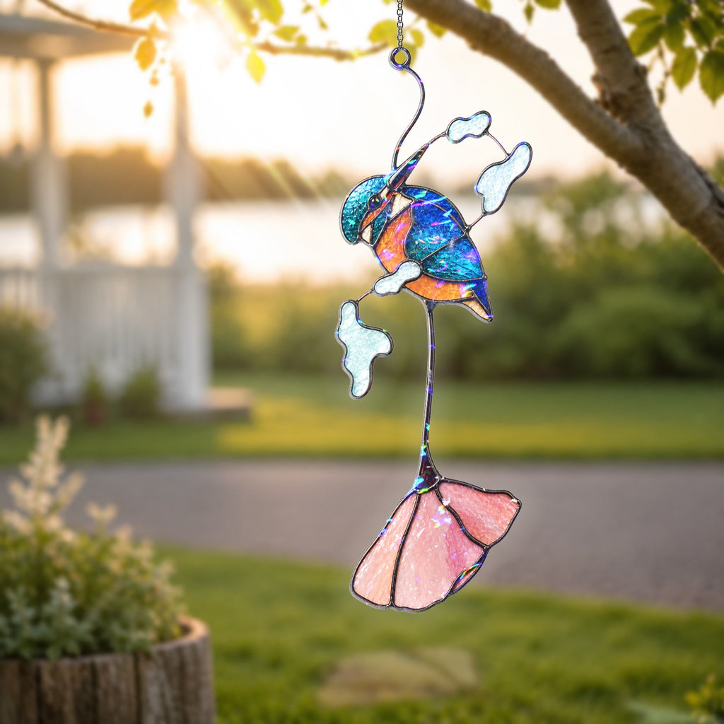 Kingfisher & Pink Lotus Holographic Acrylic Suncatcher