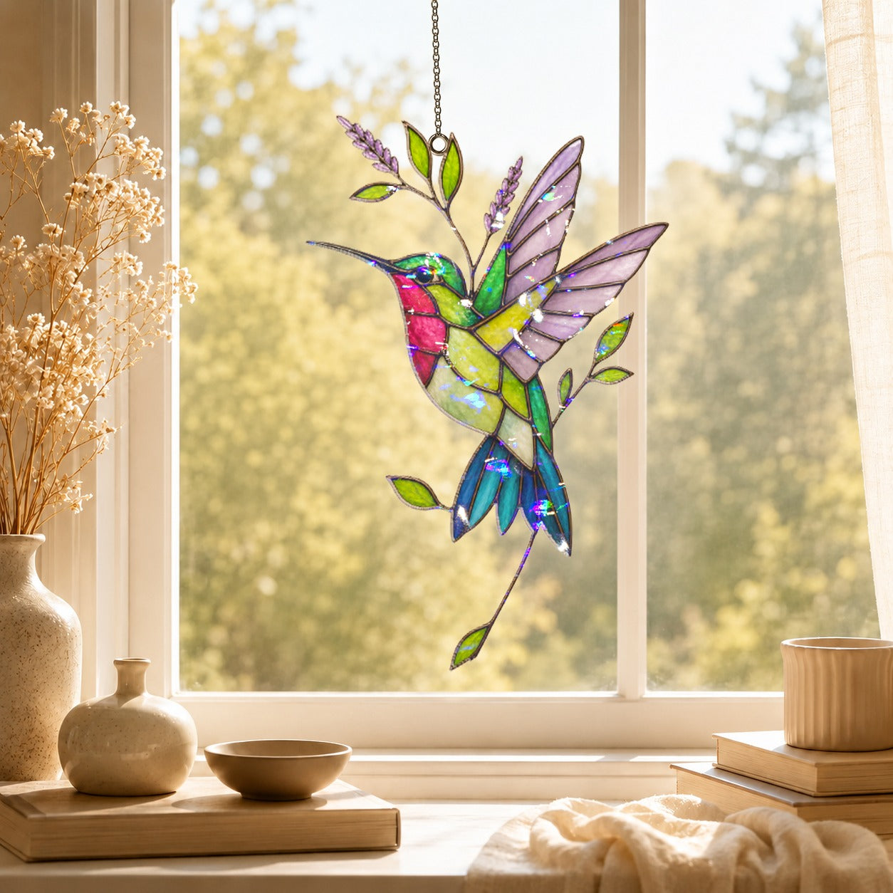 Hummingbird & Lavender Sprig Holographic Acrylic Suncatcher