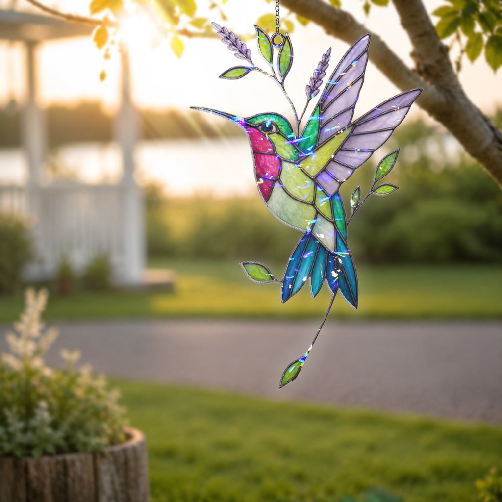 Hummingbird & Lavender Sprig Holographic Acrylic Suncatcher