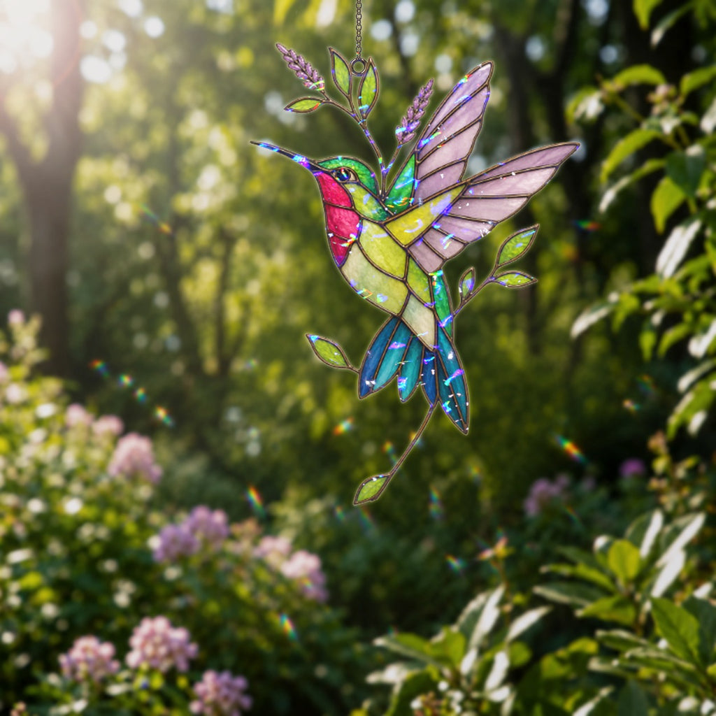 Hummingbird & Lavender Sprig Holographic Acrylic Suncatcher