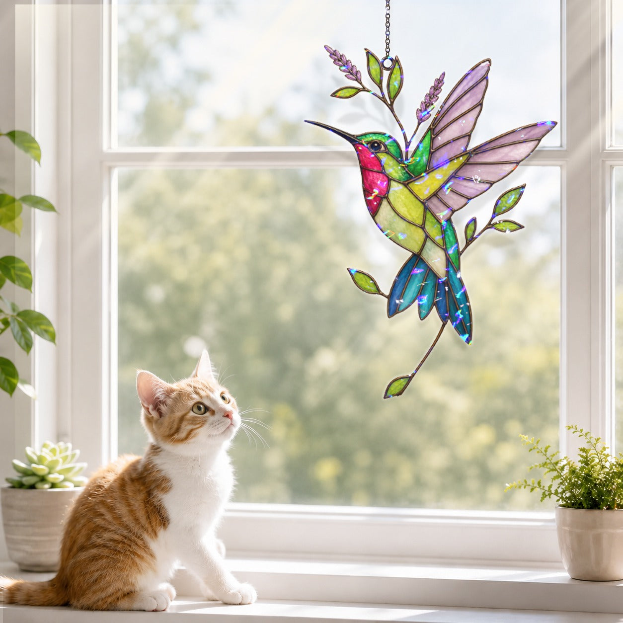 Hummingbird & Lavender Sprig Holographic Acrylic Suncatcher