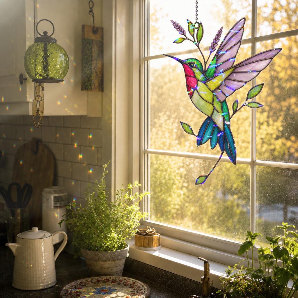 Hummingbird & Lavender Sprig Holographic Acrylic Suncatcher