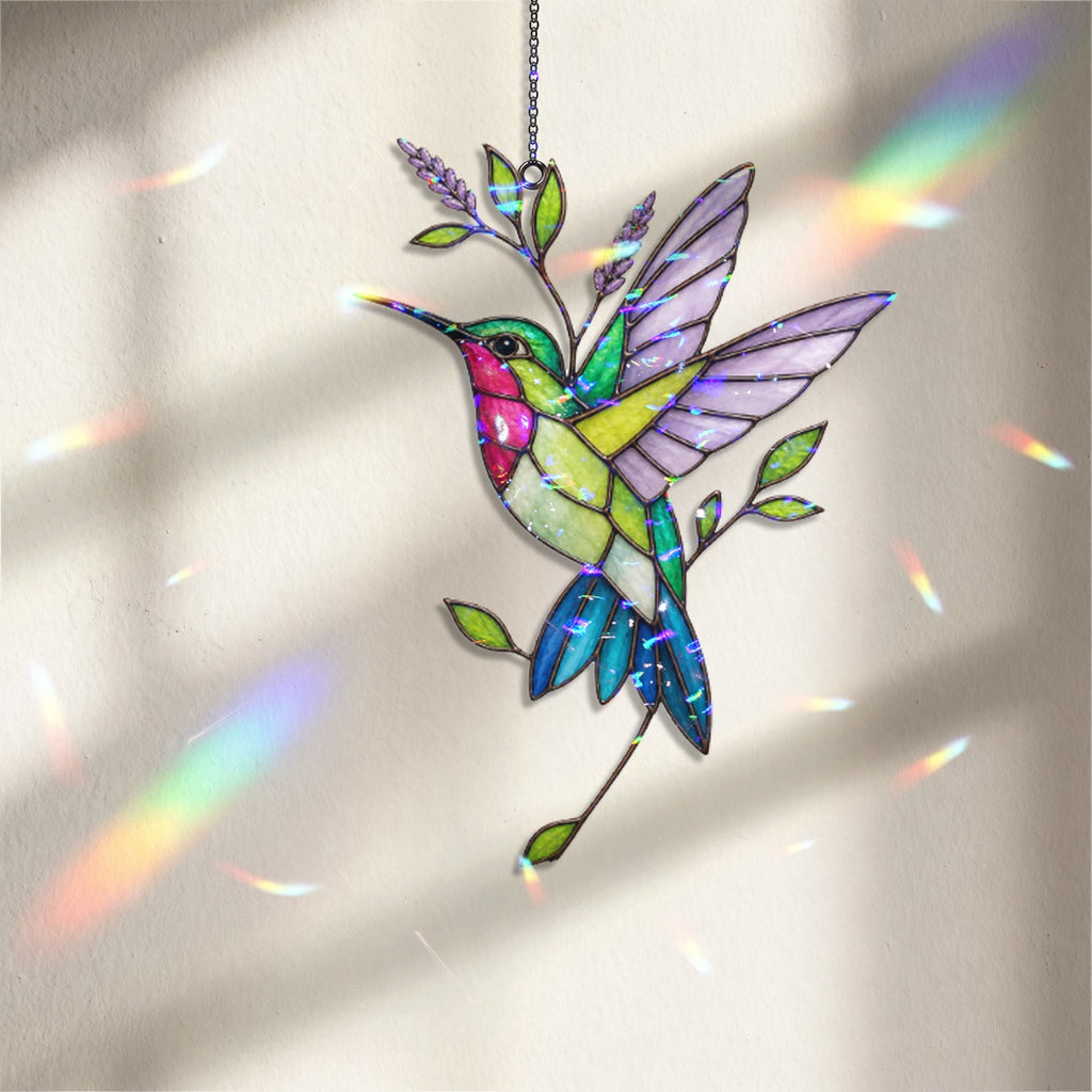 Hummingbird & Lavender Sprig Holographic Acrylic Suncatcher
