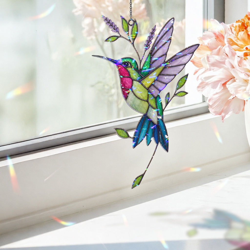 Hummingbird & Lavender Sprig Holographic Acrylic Suncatcher