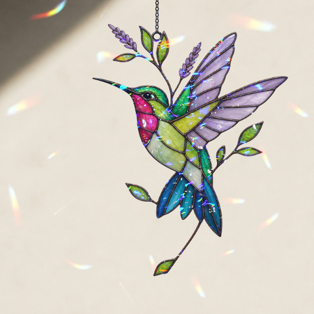 Hummingbird & Lavender Sprig Holographic Acrylic Suncatcher