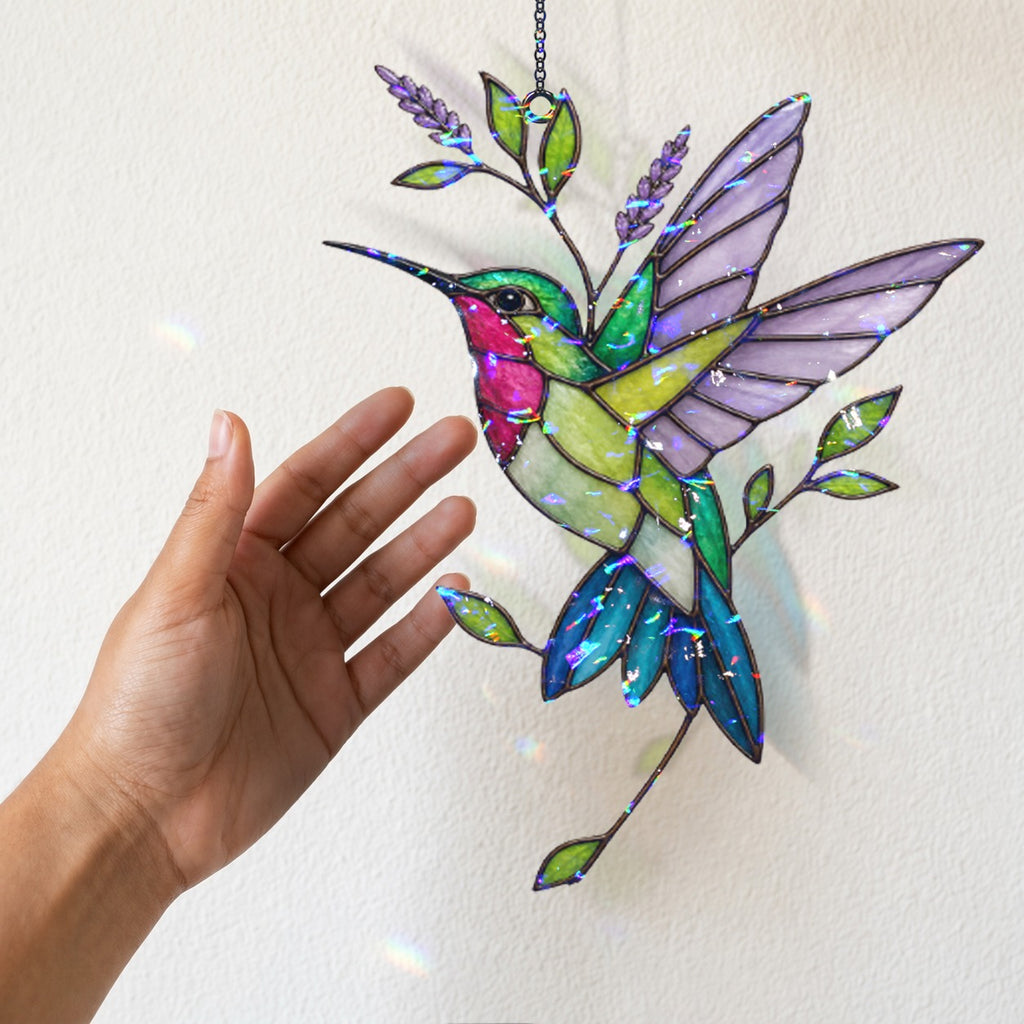 Hummingbird & Lavender Sprig Holographic Acrylic Suncatcher