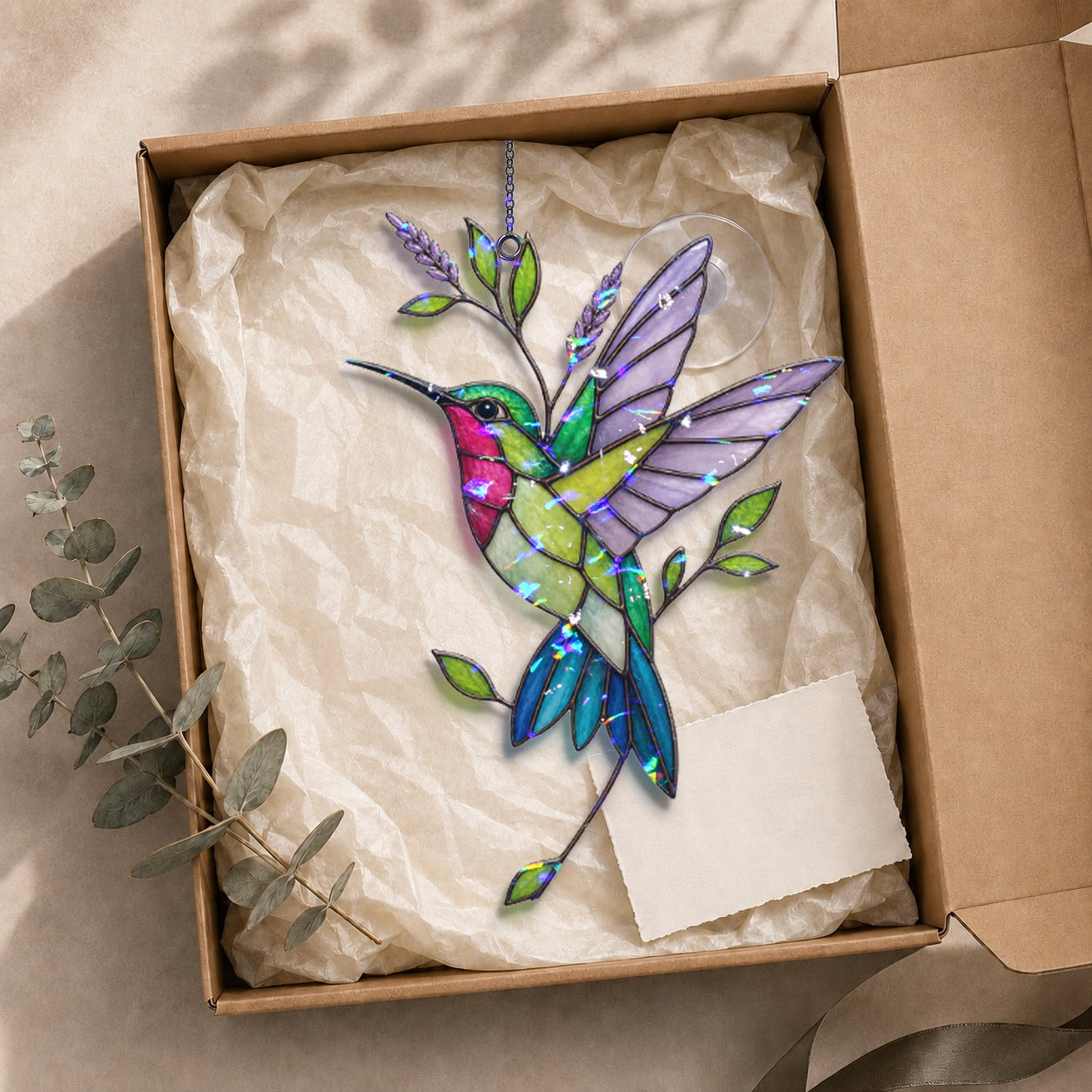 Hummingbird & Lavender Sprig Holographic Acrylic Suncatcher