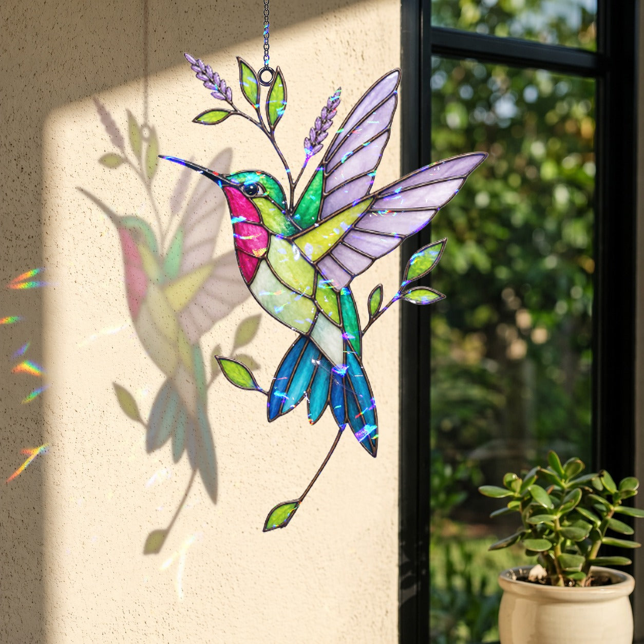 Hummingbird & Lavender Sprig Holographic Acrylic Suncatcher