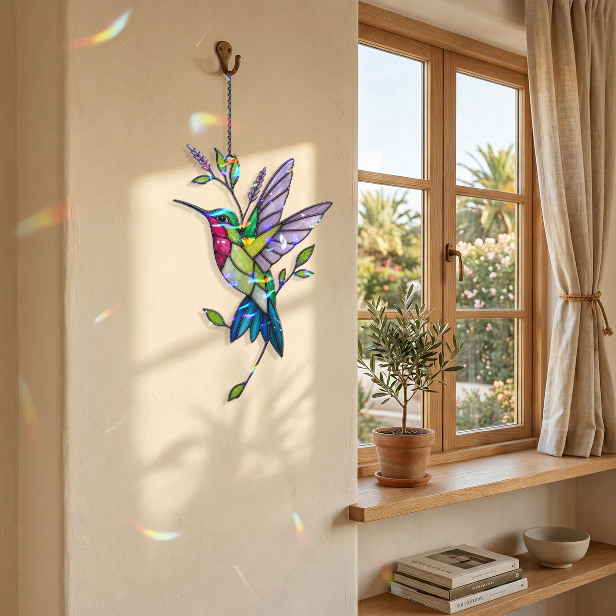 Hummingbird & Lavender Sprig Holographic Acrylic Suncatcher