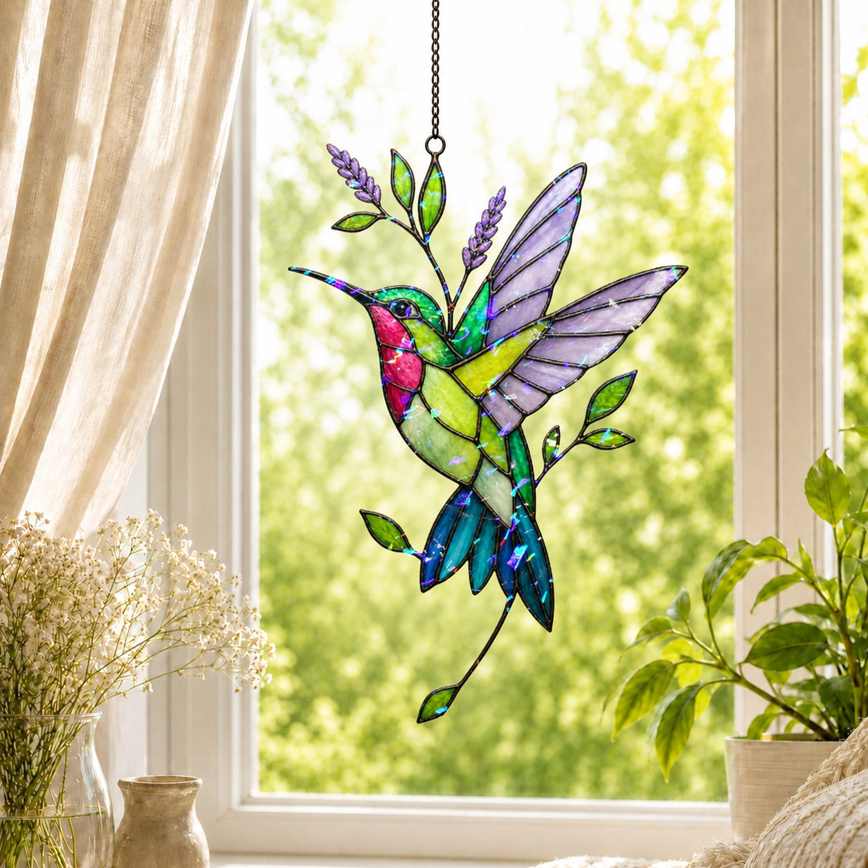 Hummingbird & Lavender Sprig Holographic Acrylic Suncatcher