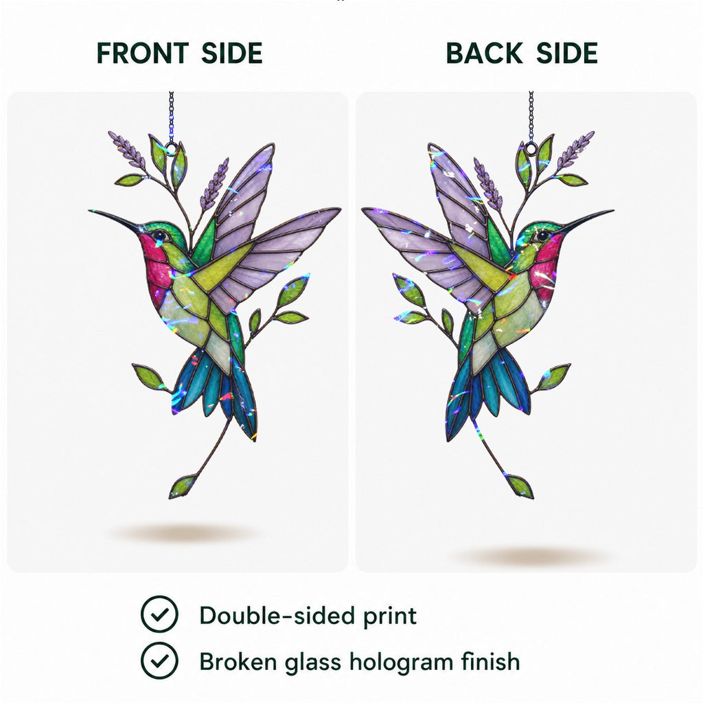 Hummingbird & Lavender Sprig Holographic Acrylic Suncatcher