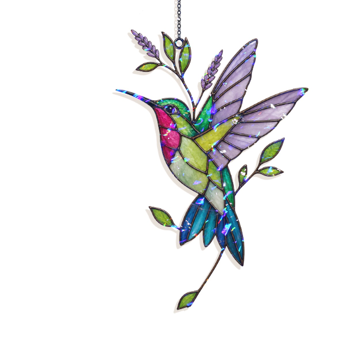 Hummingbird & Lavender Sprig Holographic Acrylic Suncatcher