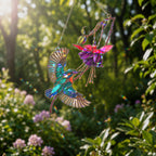 Stained glass style suncatcher with a teal hummingbird at a purple fuchsia flower, hanging in a sunlit window with rainbow light