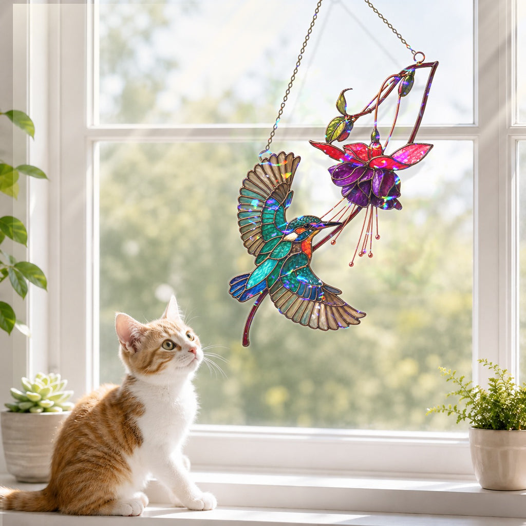 Hummingbird & Purple Fuchsia Flower Holographic Acrylic Suncatcher