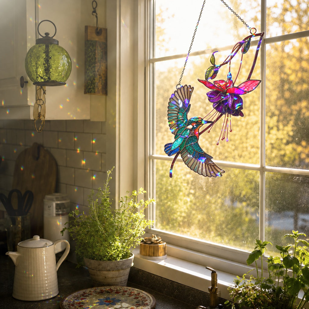 Hummingbird & Purple Fuchsia Flower Holographic Acrylic Suncatcher
