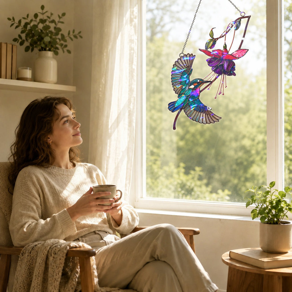 Hummingbird & Purple Fuchsia Flower Holographic Acrylic Suncatcher