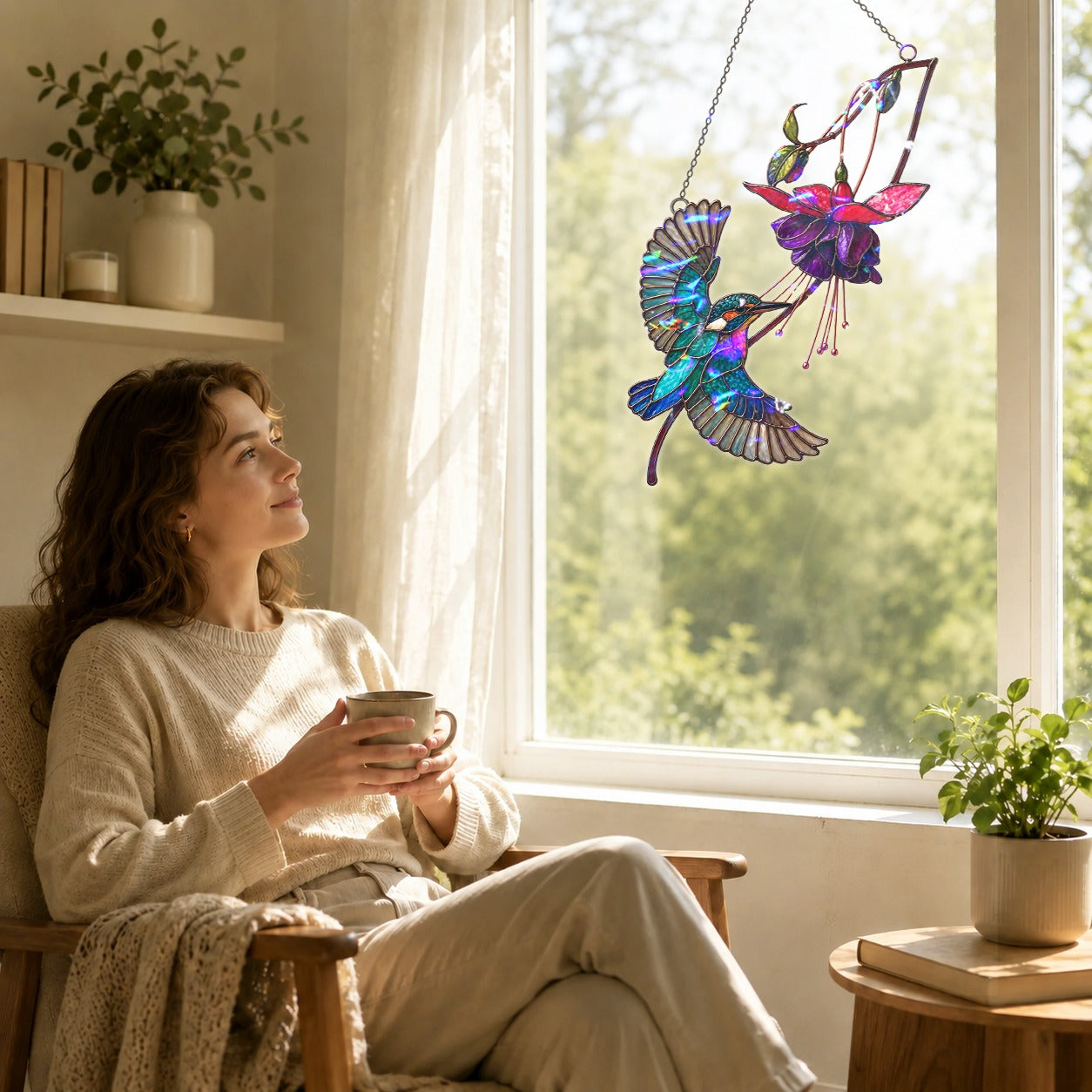 Hummingbird & Purple Fuchsia Flower Holographic Acrylic Suncatcher