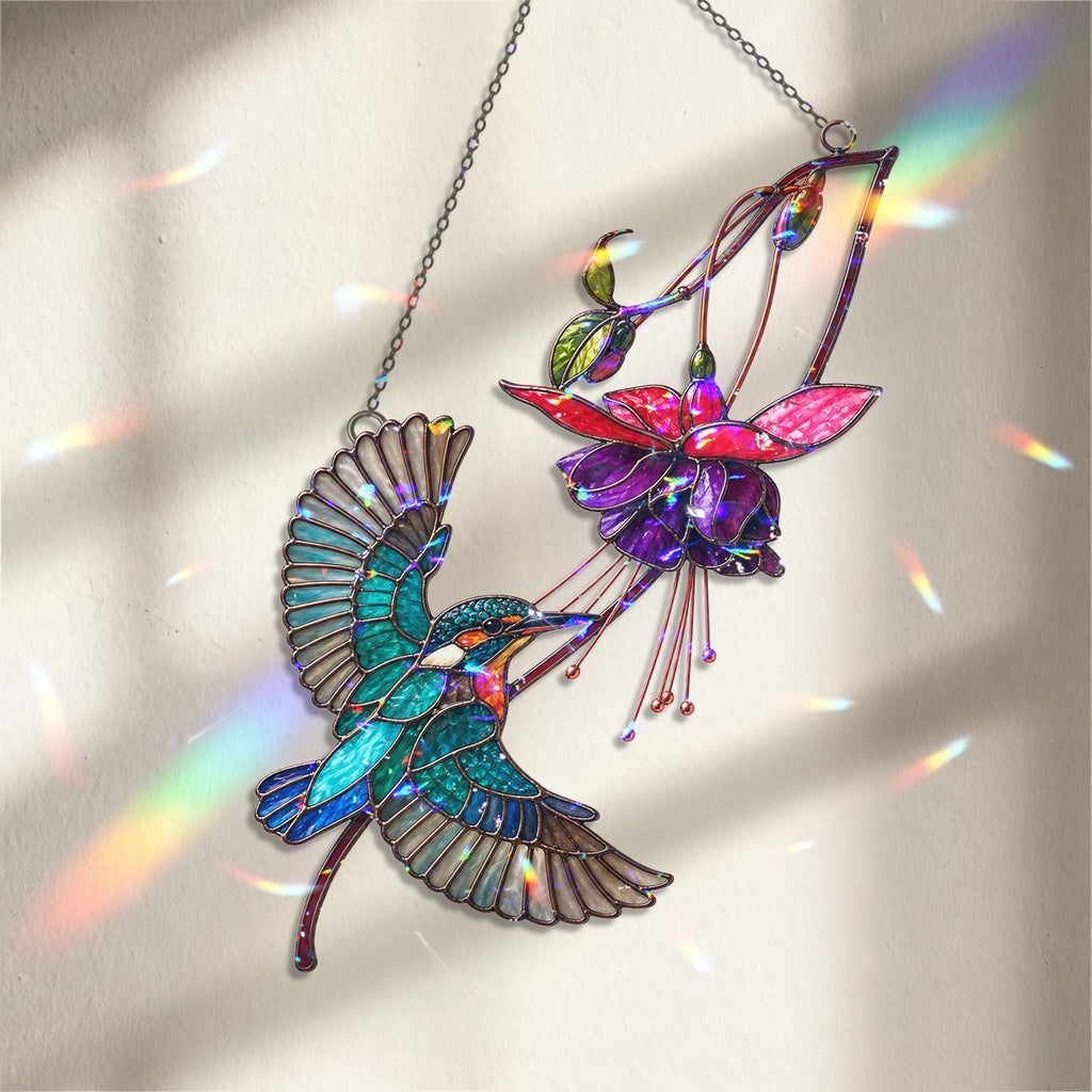 Hummingbird & Purple Fuchsia Flower Holographic Acrylic Suncatcher
