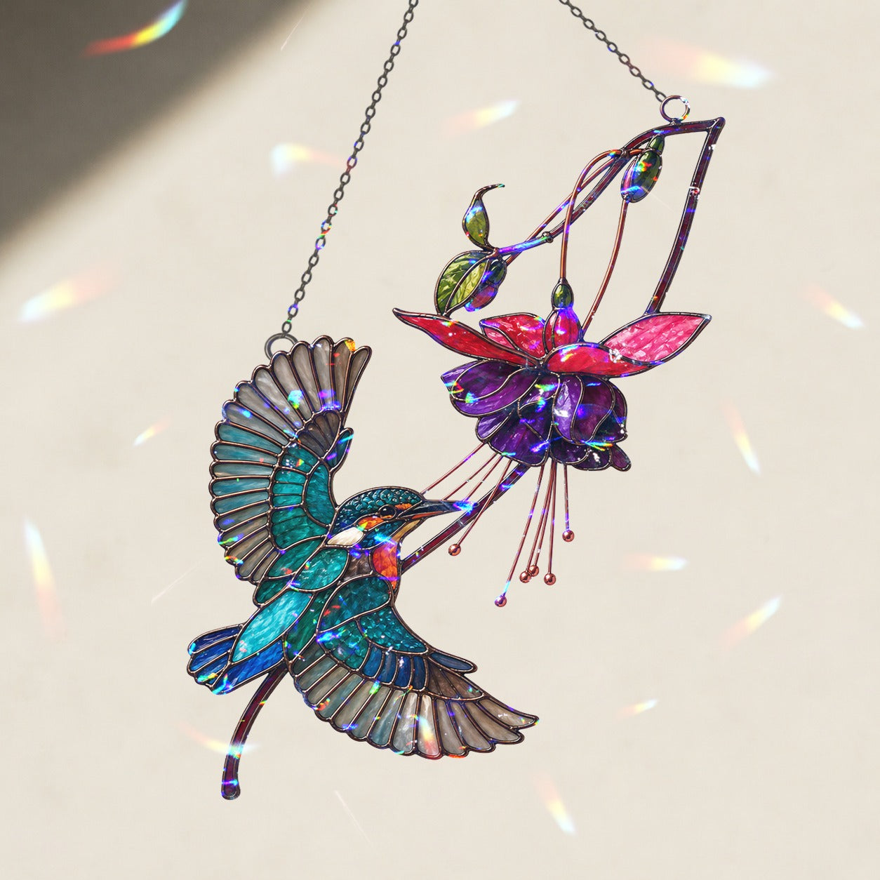 Hummingbird & Purple Fuchsia Flower Holographic Acrylic Suncatcher