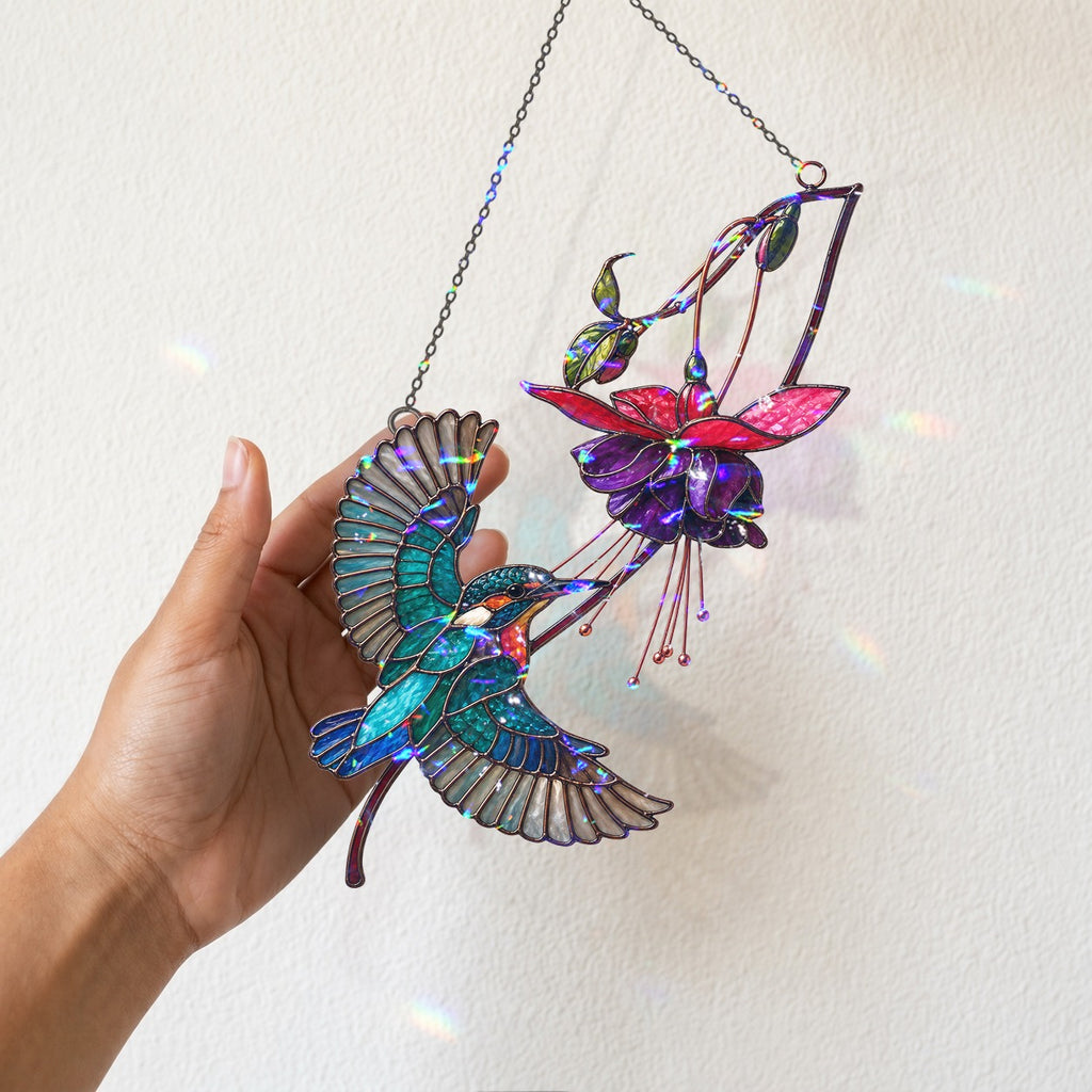 Hummingbird & Purple Fuchsia Flower Holographic Acrylic Suncatcher