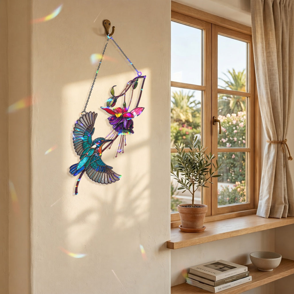 Hummingbird & Purple Fuchsia Flower Holographic Acrylic Suncatcher