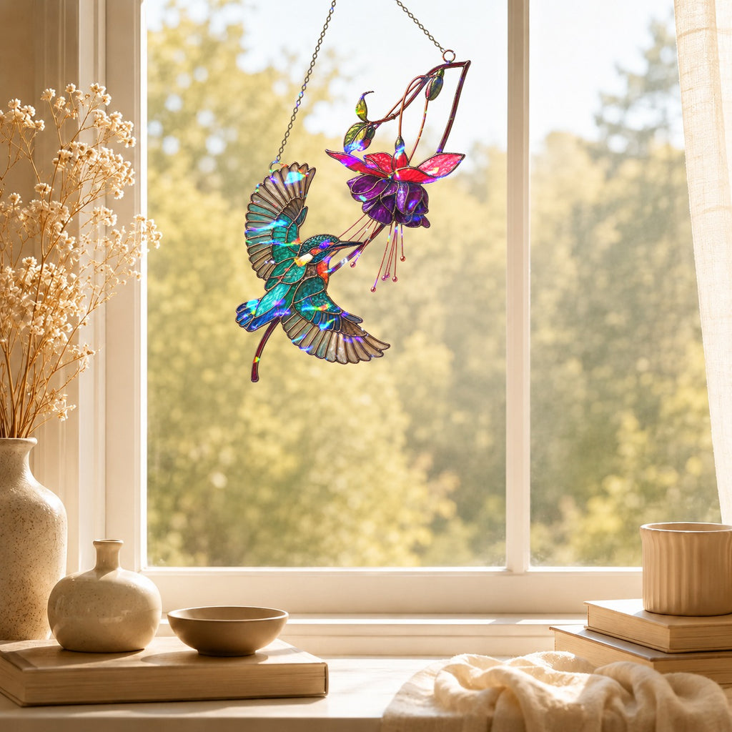 Hummingbird & Purple Fuchsia Flower Holographic Acrylic Suncatcher
