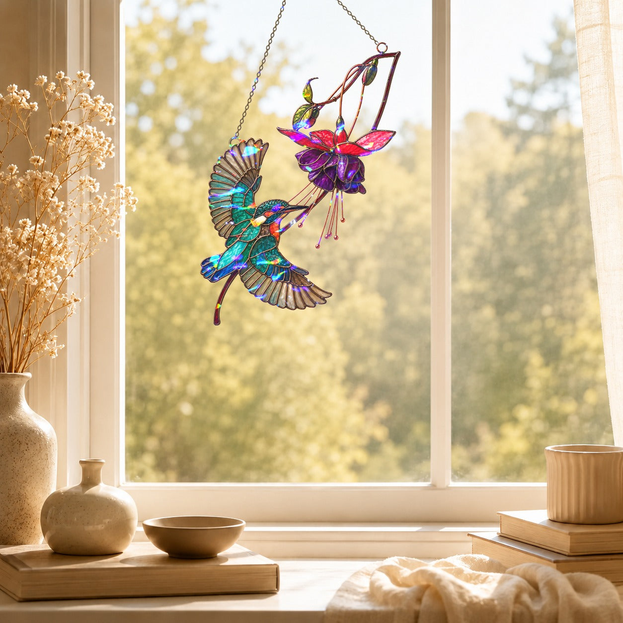 Hummingbird & Purple Fuchsia Flower Holographic Acrylic Suncatcher