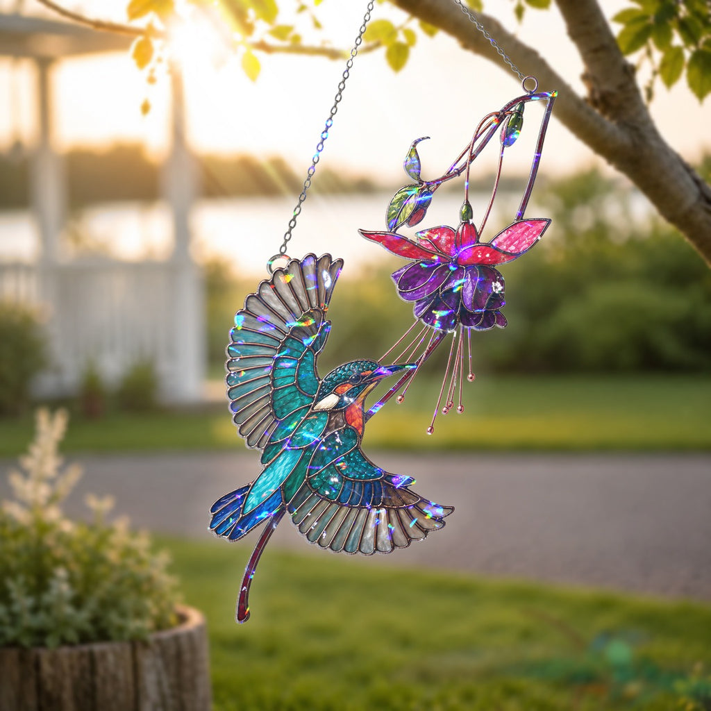 Hummingbird & Purple Fuchsia Flower Holographic Acrylic Suncatcher