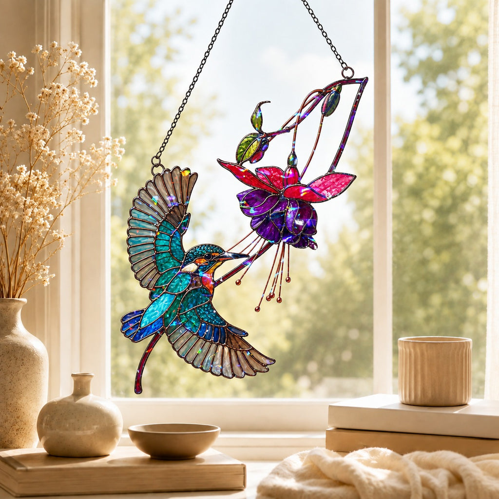 Hummingbird & Purple Fuchsia Flower Holographic Acrylic Suncatcher